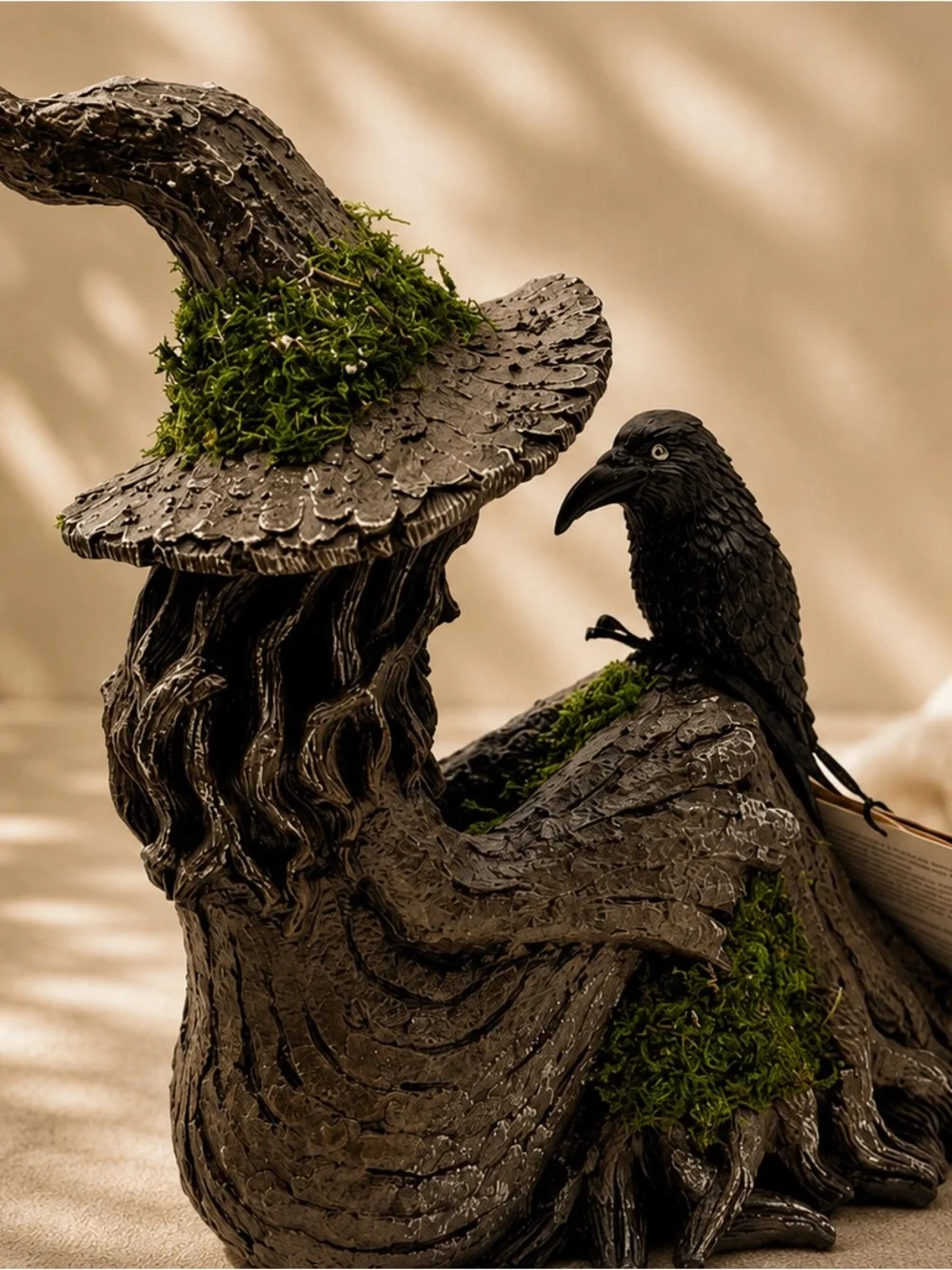 Halloween Mossy Tree Witch with crow Light Up Figurine Raven Decor Viral